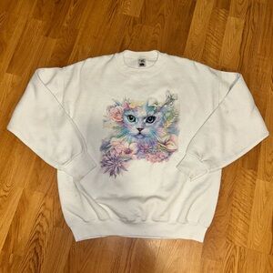 Vintage White Cat Sweatshirt with Floral Design